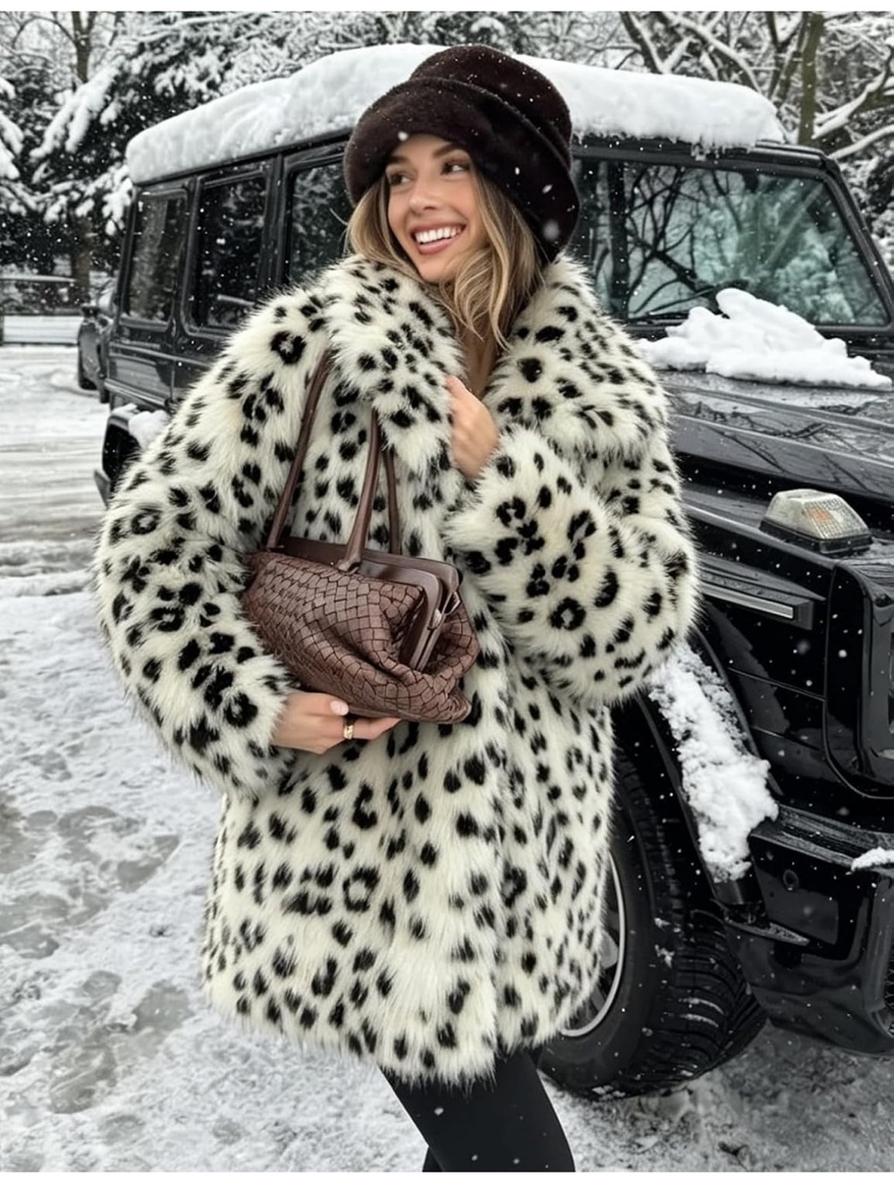 Faux Fur Leopard-Print Coat in Black & White - Women's Jacket